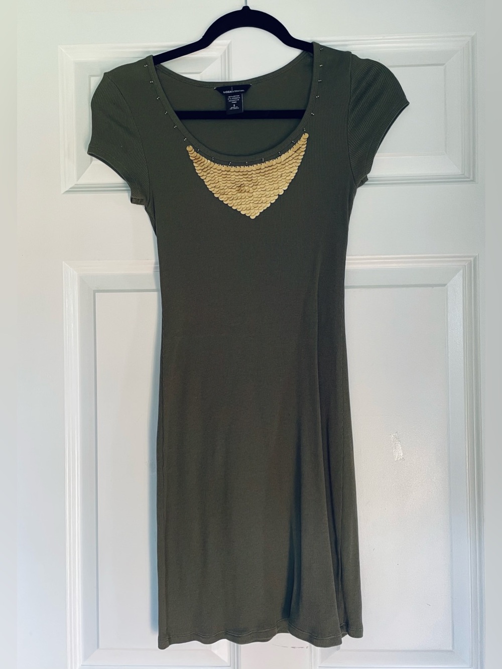 Olive Green Scoop Neck Dress with Gold Sequin Accent